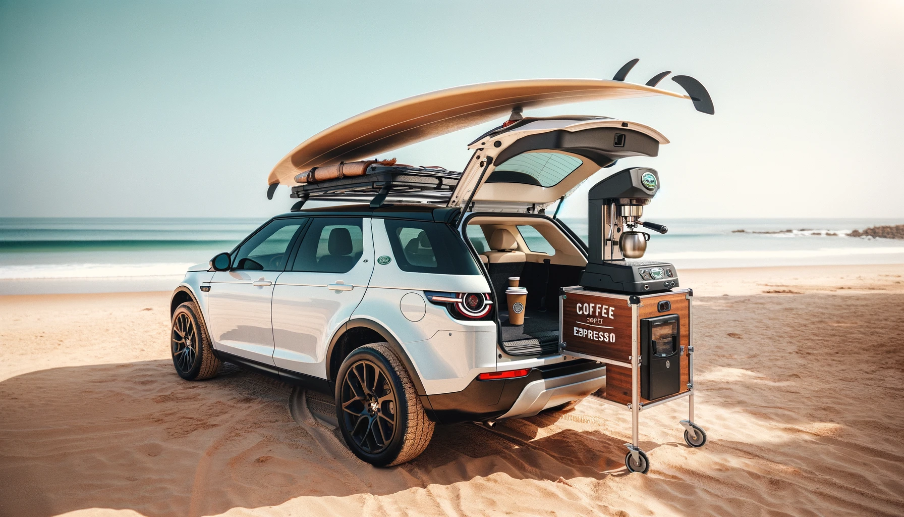 A white Land Rover Discovery Sport with it's trunk open on the beach with a coffee/espresso machine out of the trunk and a surfboard on top.